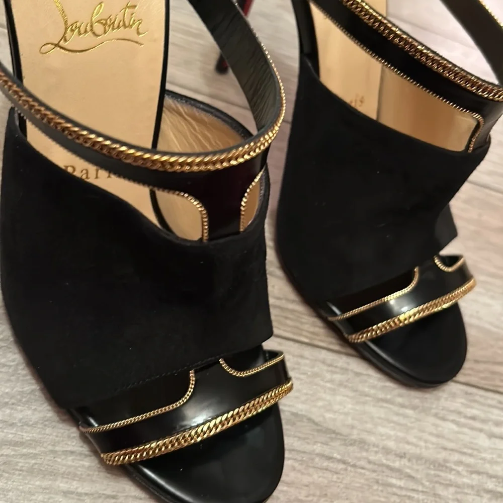 EUC Christian Louboutin Black/Gold heels Akenana 100 Jazz Calf/Suede Size 37